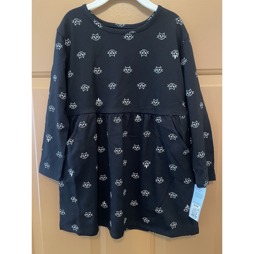 Cat & Jack Girls Black Dress with Cat's Heads Long Sleeve Size XS (4/5) NWT